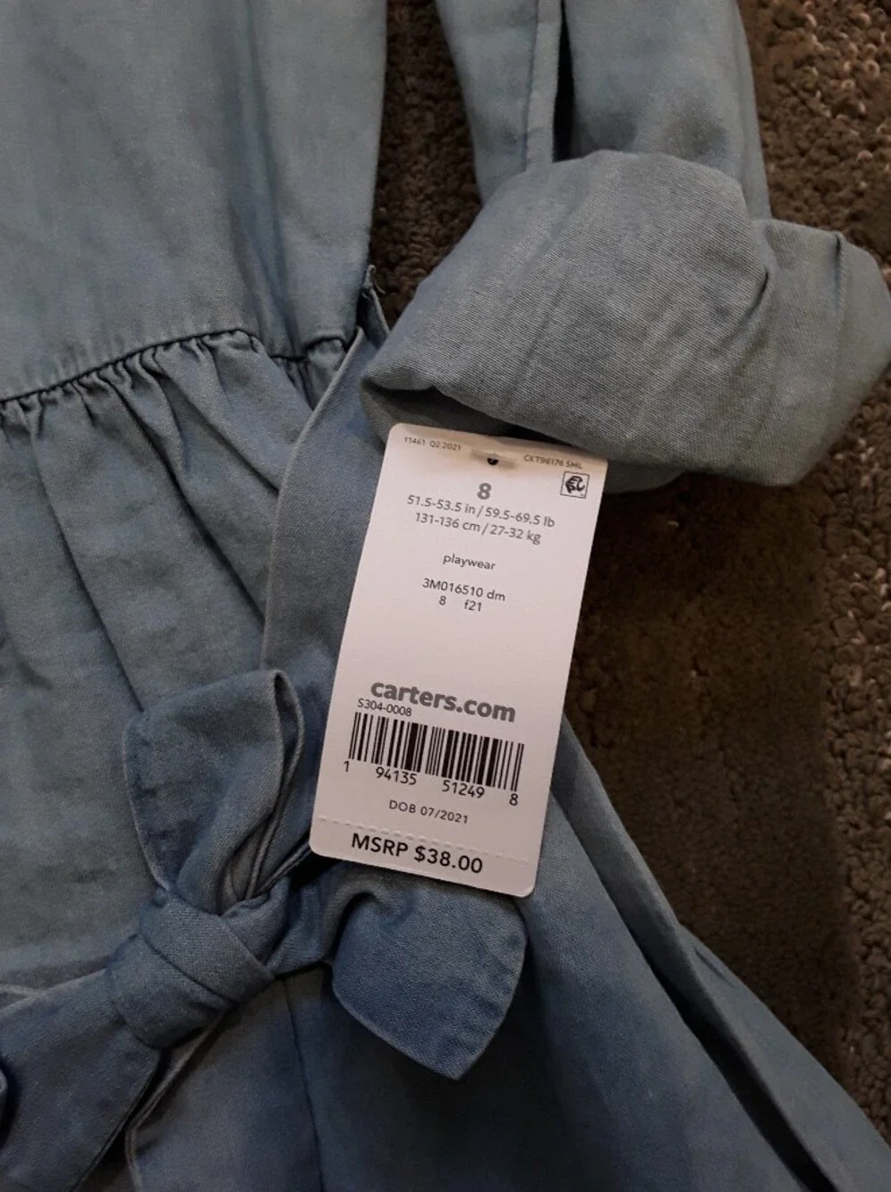 Carters Size 8 Blue Chambray (Soft Denim) Shirt Dress with Waist tie